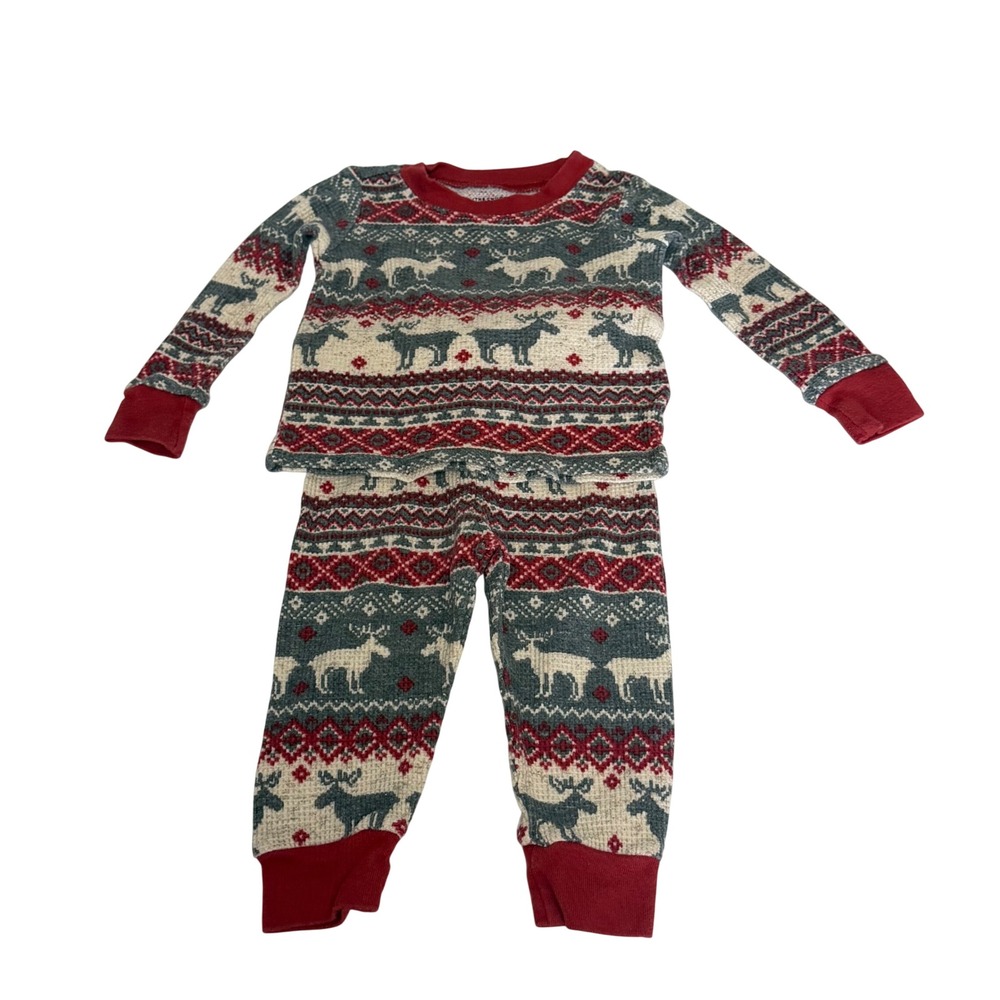 The Childrens Place Kids 3-6M Gray Red Reindeer Fair Isle Thermal Pajama Set